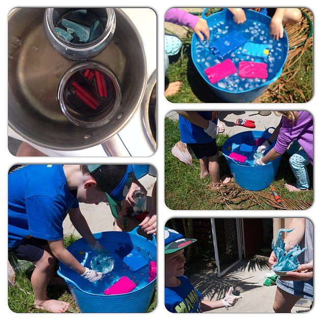 Kids making wax sculptures by pouring melted crayon wax into a tub of icy water