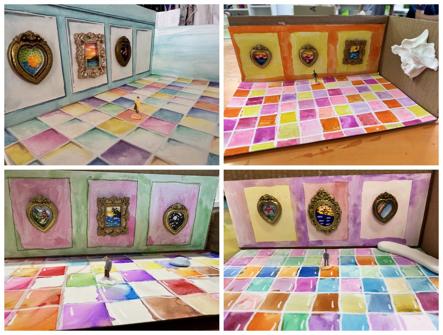 Four mini art galleries made by Artlis students, each a cardboard room with watercolour walls, painted tiled floors, tiny paintings in little gold frames and a miniature visitor