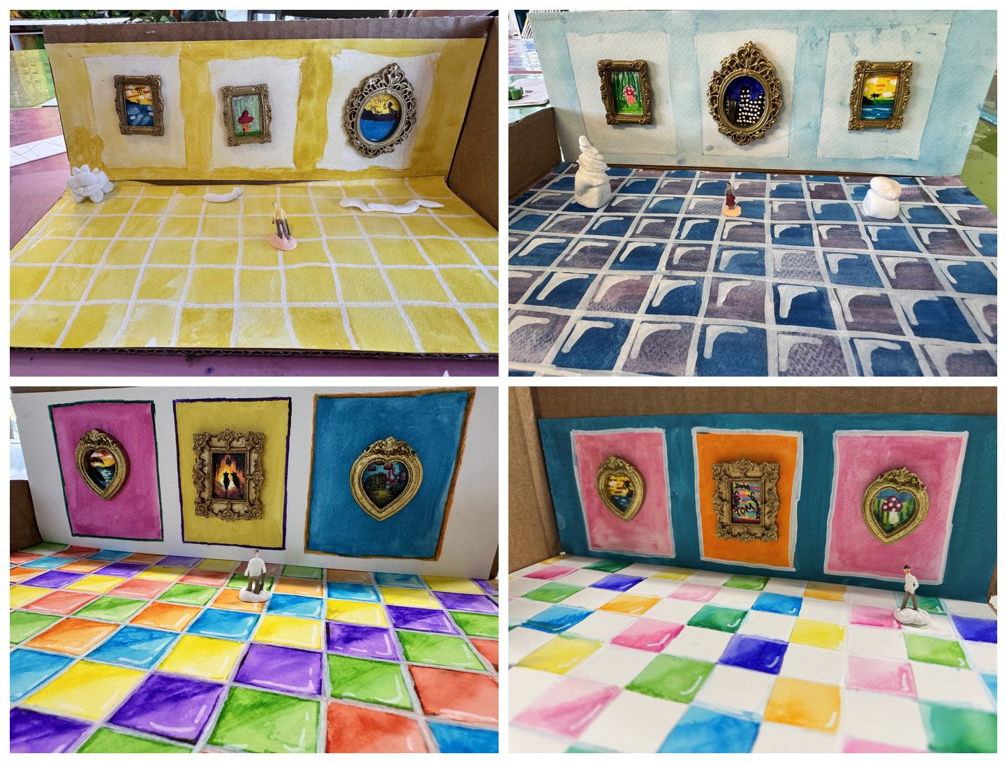 Four more mini art galleries made by Artlis students, with colourful painted floors, tiny framed paintings, clay sculptures and a miniature visitor