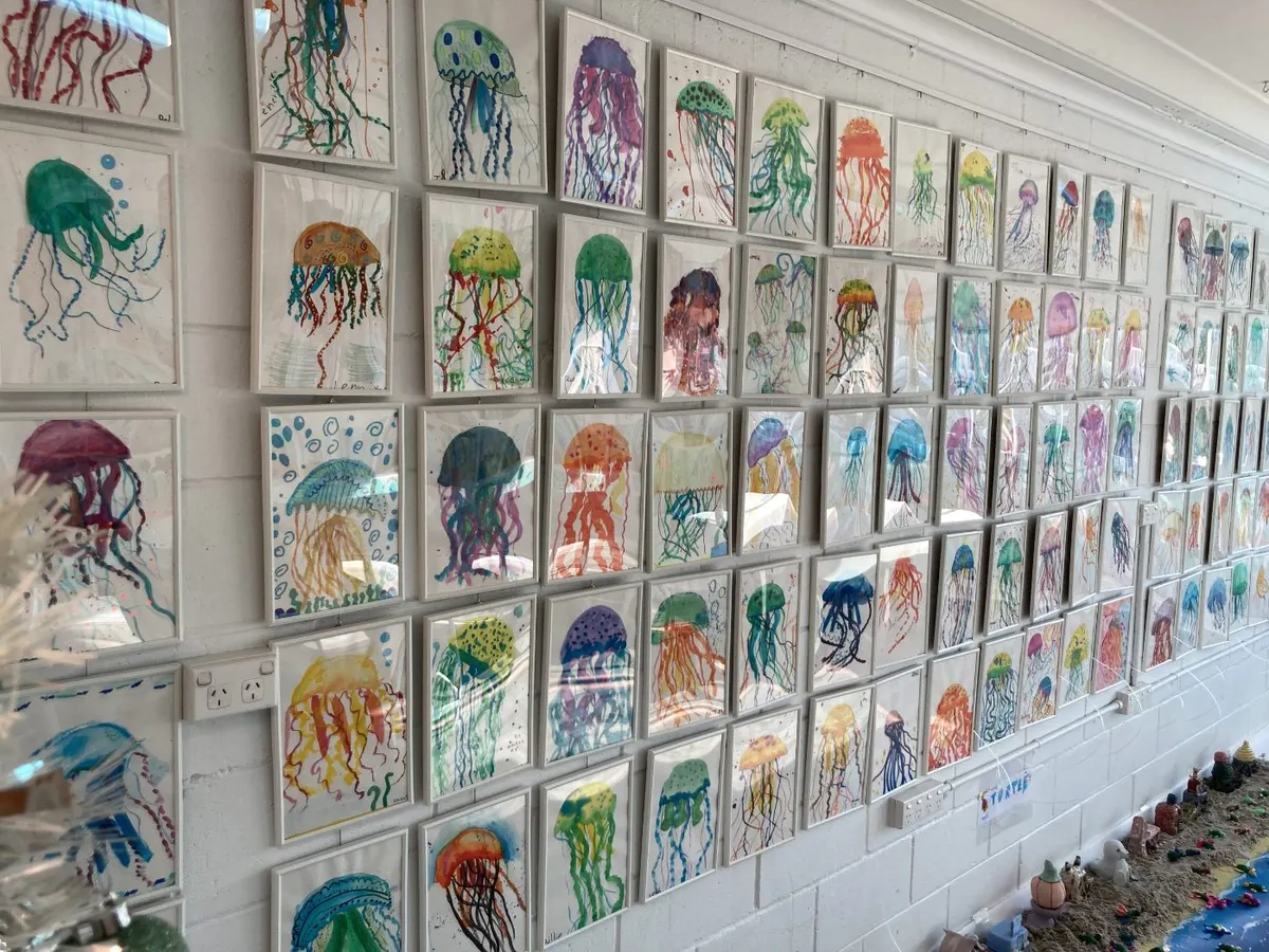 Watercolour jellyfish, framed and hung in rows