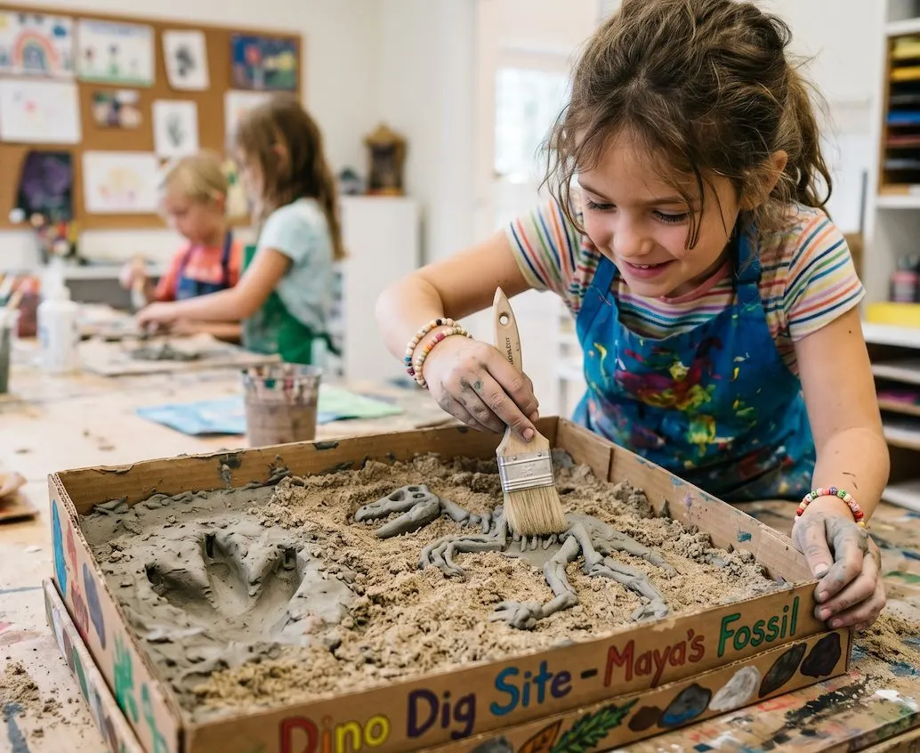 A mini-artist brushing back sand on a clay fossil dig diorama
