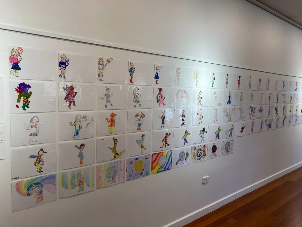 Animation frames drawn by students, hung in a grid