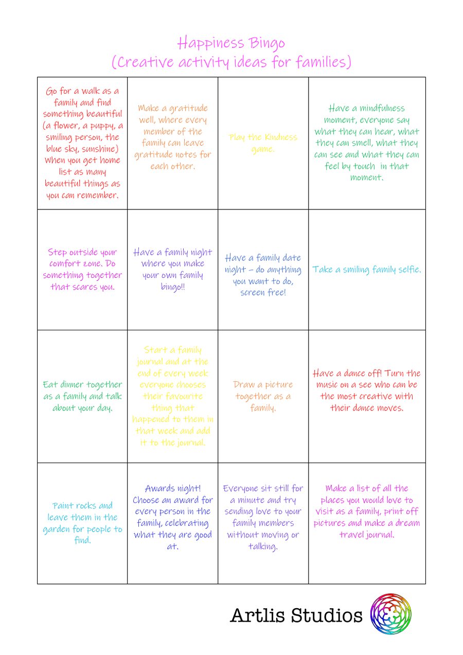 Happiness Bingo, a free printable from Artlis Studios