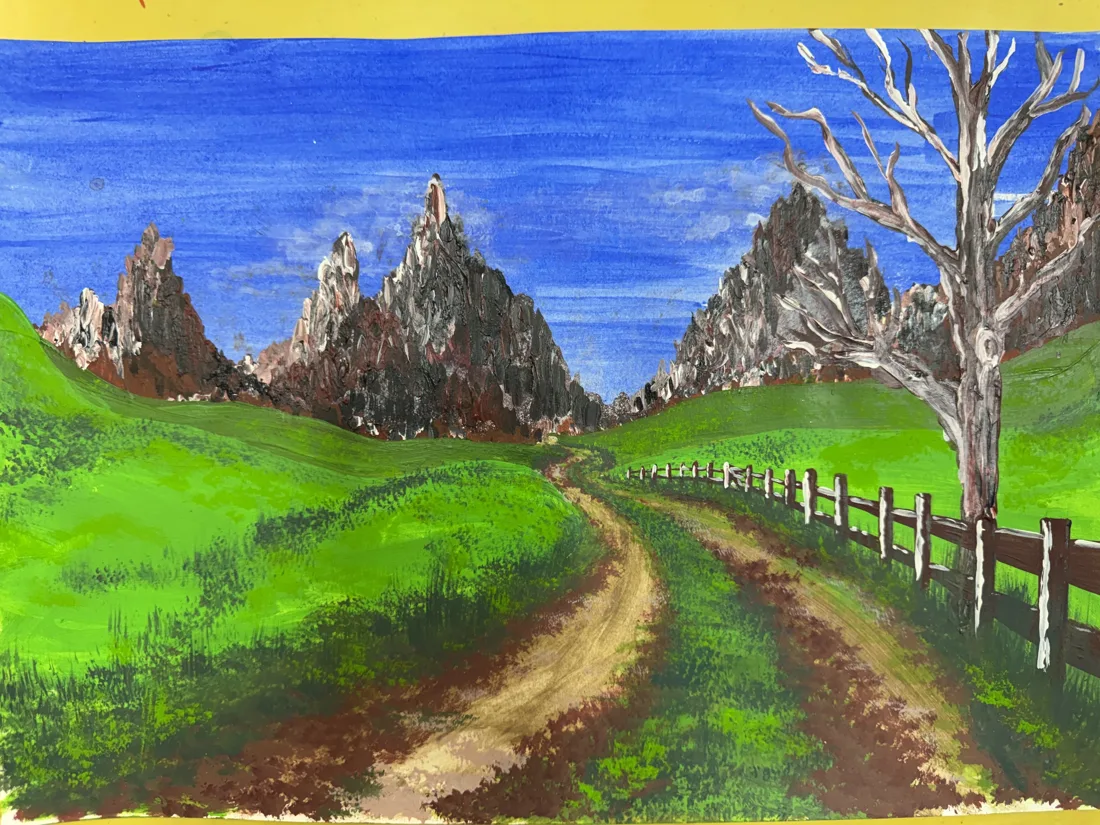 An acrylic landscape painting of a dirt road, green hills, rocky mountains and a fence