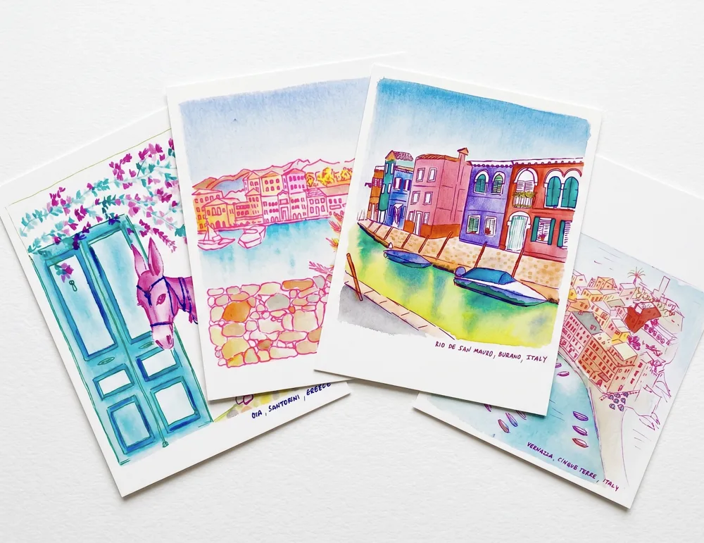 Four bright watercolour postcards of seaside towns and canals
